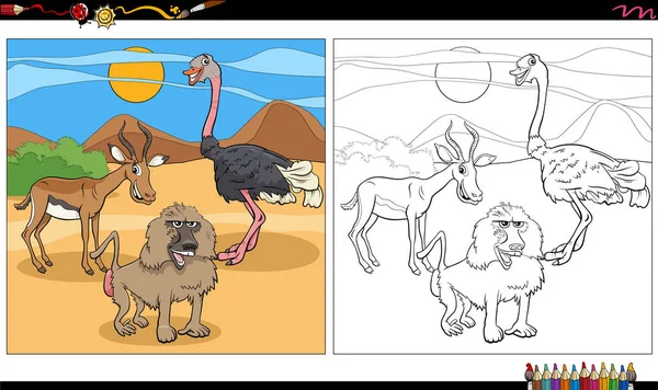 Illustration Dessins Animés Groupe Personnages Animaux Sauvages Coloriage Page Livre — Image vectorielle