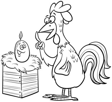 Horoz ve yumurta çiftliği hayvanlarının resimlerini gösteren siyah beyaz çizgi film.