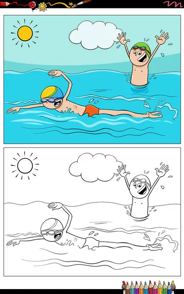 Cartoon Illustration Swimming Boys Characters Coloring Book Page — Stock Vector