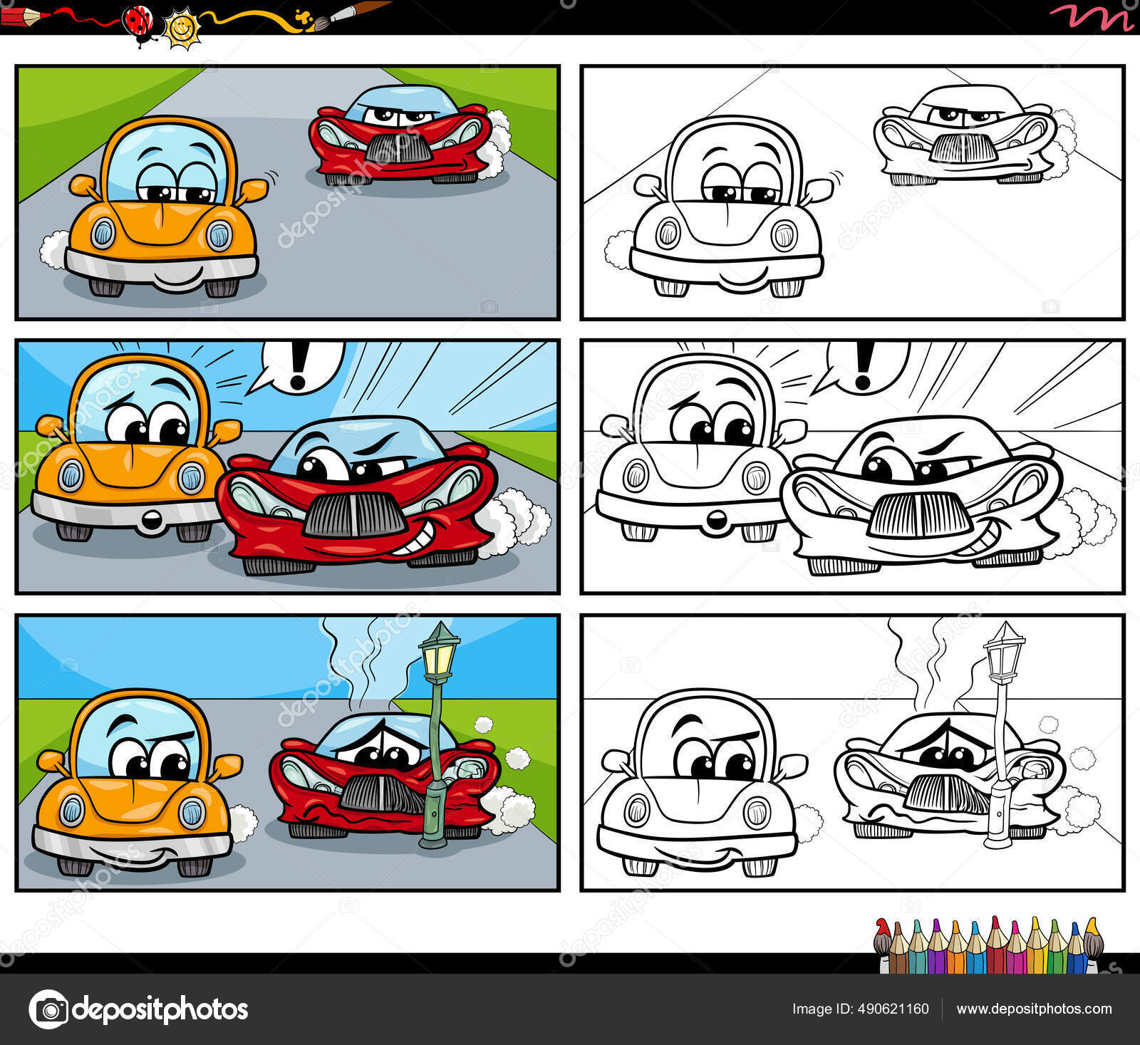 Encontre duas fotos de um jogo educacional para crianças com carro bonito  livro de colorir para carros ilustração em vetor