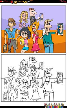 Akıllı telefonları olan insanların çizgi film çizimi. Konuşan veya fotoğraf çeken çizgi karakterler grup boyama sayfası.
