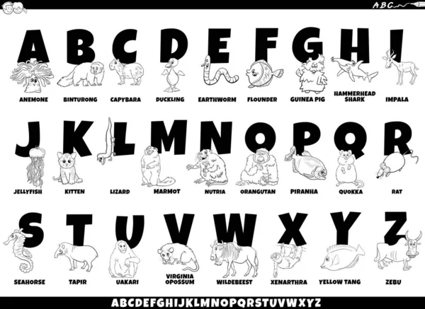 漫画のキャラクターやキャプション付きのカラフルな完全なアルファベットの黒と白の教育漫画のイラスト — ストックベクタ
