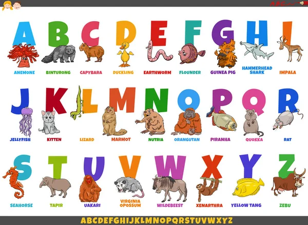 Illustration Bande Dessinée Éducative Alphabet Complet Coloré Avec Des Personnages — Image vectorielle