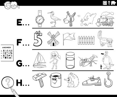 Siyah-beyaz çizgi film çizimleri, okul öncesi ya da ilkokul öğrencileri için çizgi roman boyama sayfası ile başlayan referanslı harf eğitimsel oyun çalışma tablosu ile başlar.