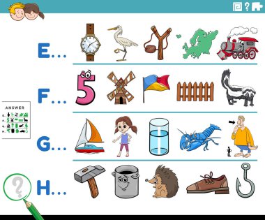 Çizgi film illüstrasyonu, anaokulu ya da çizgi roman karakterli ilkokul çocukları için referanslı harf eğitimsel oyun çalışma tablosu ile başlar.