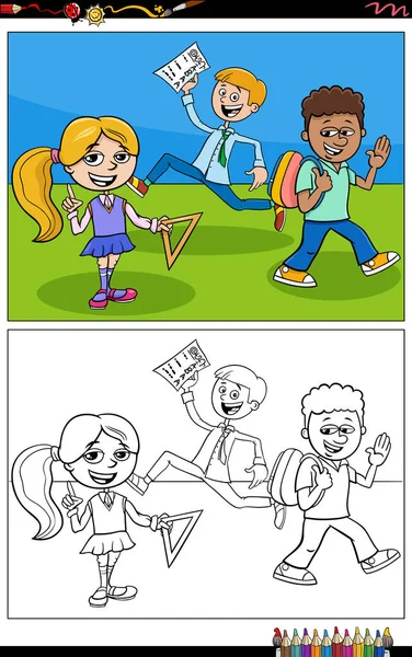 Dibujos Animados Ilustración Niños Escuela Primaria Personajes Cómicos Para Colorear — Vector de stock