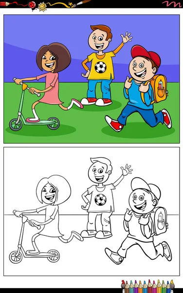 Dibujos Animados Ilustración Niños Escolares Personajes Cómicos Para Colorear Página — Vector de stock