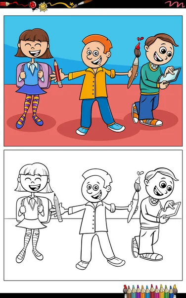 Zeichentrick Illustration Von Grundschulkindern Oder Schülern Comicfiguren Malbuch Seite — Stockvektor