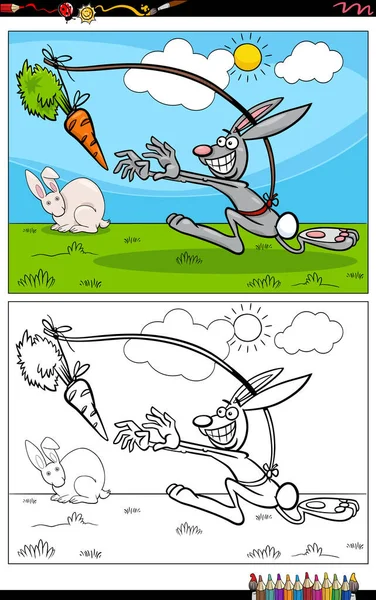 Cartoon Illustration Dangle Carrot Saying Proverb Rabbit Comic Character Coloring — Stockvector