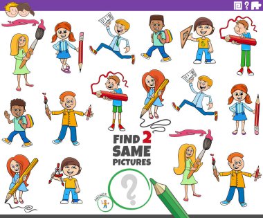 Çizgi film illüstrasyonunda çizgi roman öğrencileri okul çocukları karakterleriyle aynı eğitici oyunu buluyorlar.