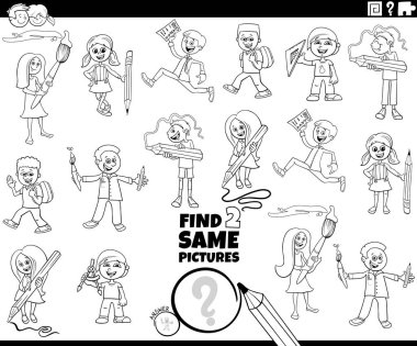 Çizgi roman illüstrasyonunda çizgi roman öğrencilerinin çizgi roman karakterleri sayfasını boyayarak aynı iki eğitici oyunu buldukları görülüyor.