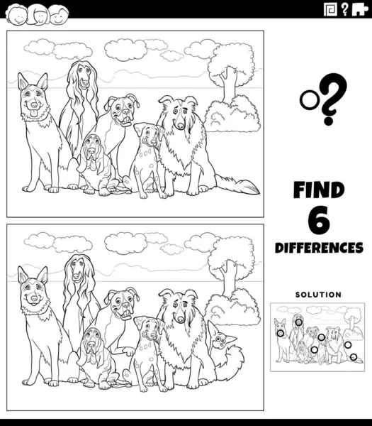 用黑白卡通图解发现纯种狗儿童图教游戏的差异漫画书页 — 图库矢量图片