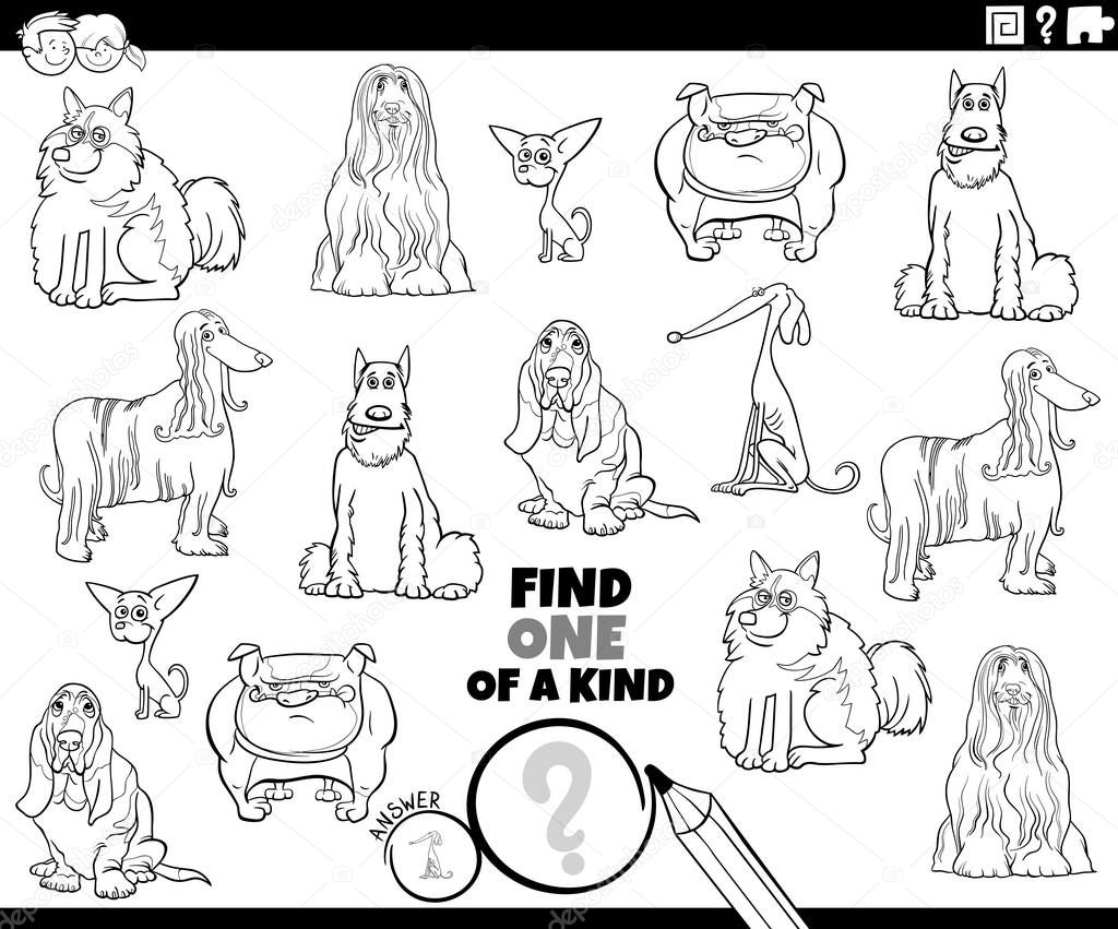 Black and white cartoon illustration of find one of a kind picture educational game with dogs animal characters breeds coloring book page