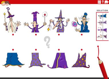 Sihirbazların fantezi karakterleriyle resimlerin yarısının eşleştirildiği eğitici oyunun çizgi film çizimi