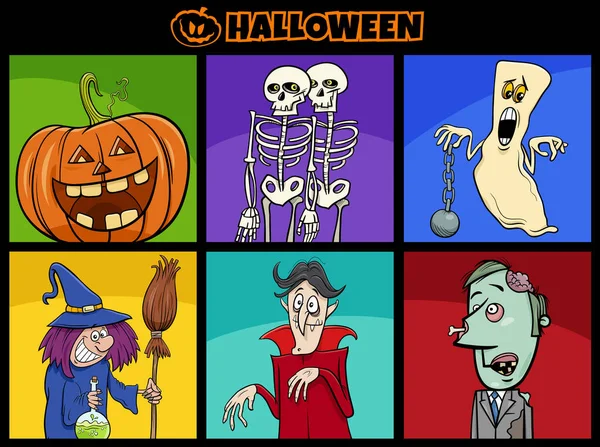 Cartoon Ilustrace Komické Strašidelné Halloween Postavy Set — Stockový vektor