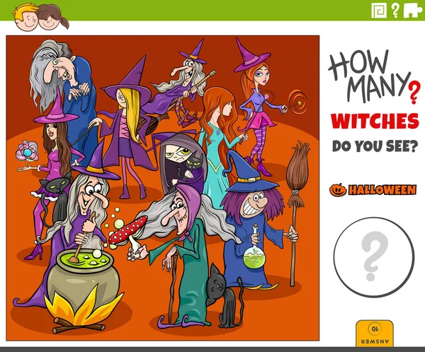 Illustratie Van Educatieve Tellen Spel Voor Kinderen Met Cartoon Heksen — Stockvector