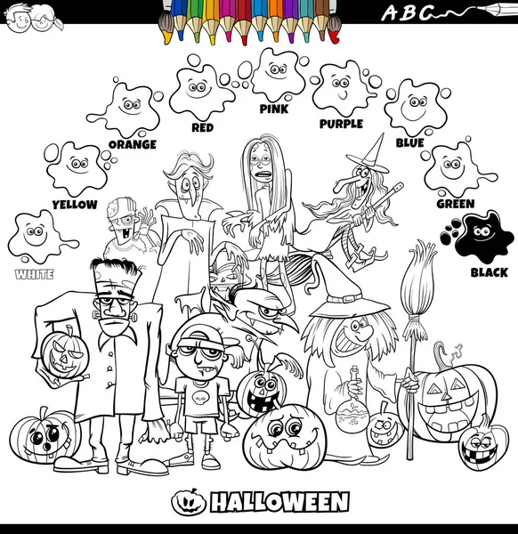 Svart Och Vitt Pedagogiska Tecknad Illustration Grundläggande Färger Med Halloween — Stock vektor