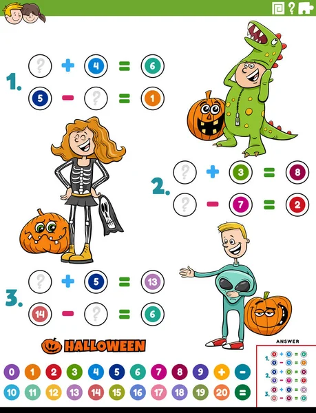 Cartoon Ilustrace Vzdělávací Matematické Sčítání Odčítání Puzzle Úkol Dětmi Postavy — Stockový vektor