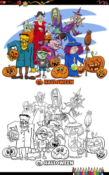 Illustrazione Cartone Animato Halloween Spettrale Personaggi Gruppo Colorare Pagina Del — Vettoriale Stock