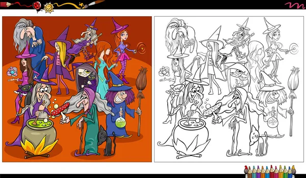 Dibujos Animados Ilustración Brujas Fantasía Cómica Personajes Halloween Grupo Para — Archivo Imágenes Vectoriales