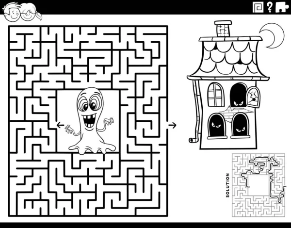 Черно Белая Карикатурная Иллюстрация Обучающей Игры Лабиринт Привидениями Домашними Персонажами — стоковый вектор