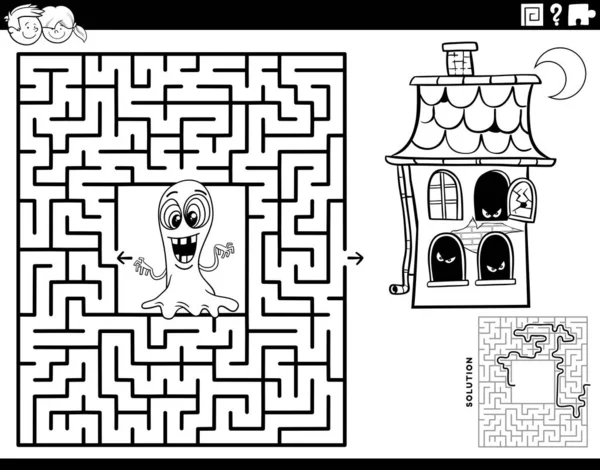 Czarno Biała Kreskówka Ilustracja Labirynt Edukacyjny Gra Logiczna Duchem Nawiedzony — Wektor stockowy