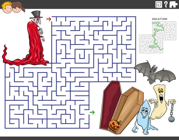 Vampir ve Cadılar Bayramı karakterleri ile eğitici labirent bulmaca oyununun çizgi film çizimi
