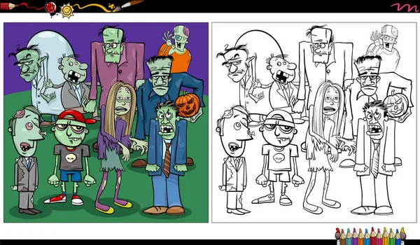 Illustration Bande Dessinée Zombies Fantaisie Halloween Personnages Groupe Coloriage Livre — Image vectorielle