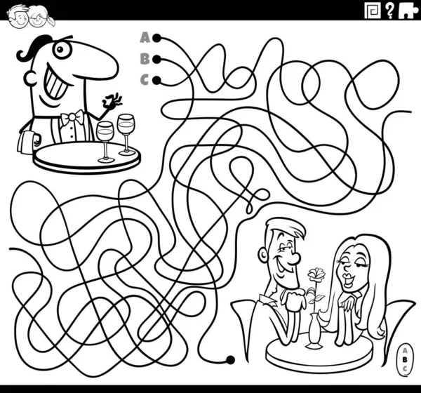 餐厅彩色书页中带有侍者角色和情侣的线条迷宫游戏黑白卡通画 — 图库矢量图片