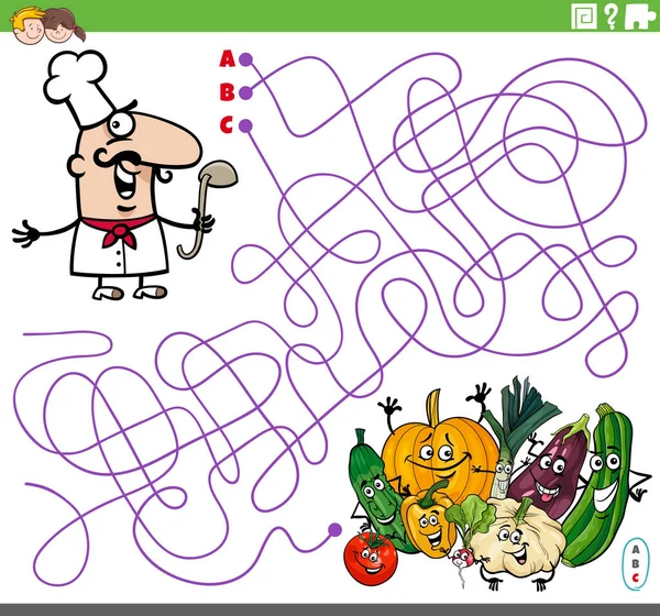 Dibujos Animados Ilustración Líneas Laberinto Juego Puzzle Con Carácter Chef — Vector de stock