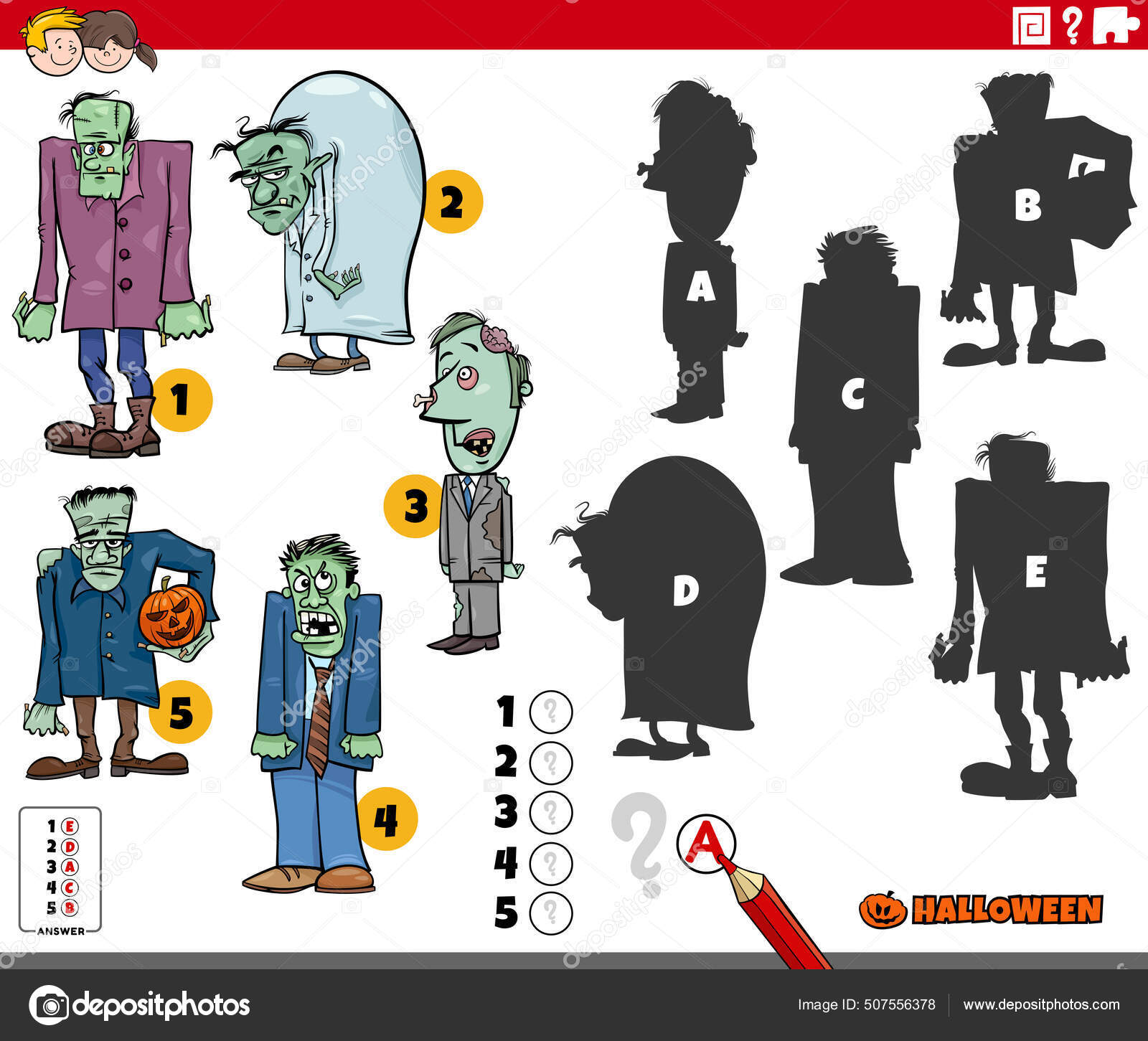 Encontrar dois mesmos personagens de halloween, jogo educacional para  crianças