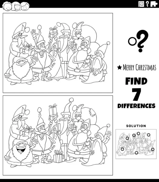 在圣诞彩绘书页上 黑人和白人卡通人物儿童图片教育游戏差异的图解 — 图库矢量图片
