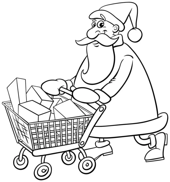 幸せなサンタクロースのキャラクターショッピングの黒と白の漫画イラストクリスマスの時間のぬり絵の本のページ上のカート — ストックベクタ