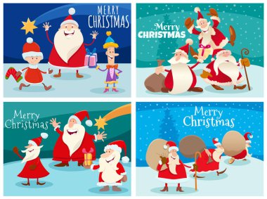 Noel zamanı Noel Baba karakterleriyle dolu tebrik kartı setinin karikatür çizimi