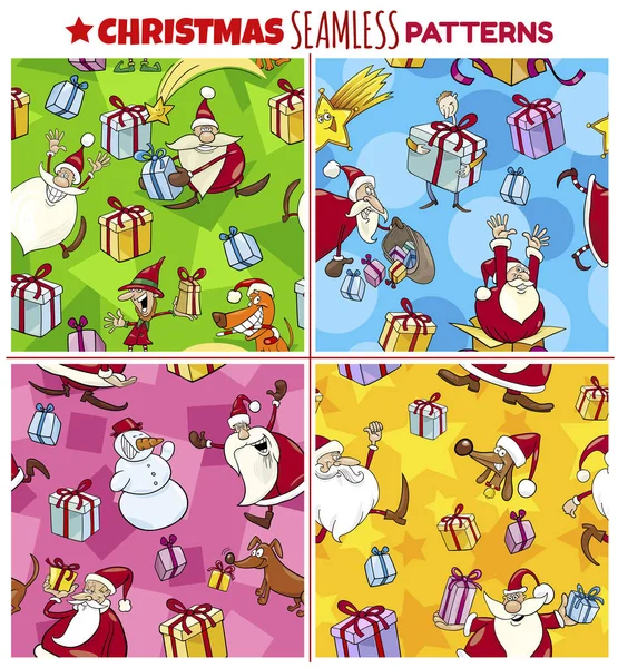 Seamless Patterns Cartoon Illustration Set Santa Claus Christmas Characters Wrapper — Stock Vector