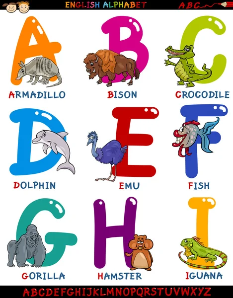 Cartoon english alphabet with animals — Stock Vector