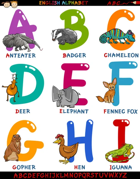Alfabeto inglese del fumetto con gli animali — Vettoriale Stock