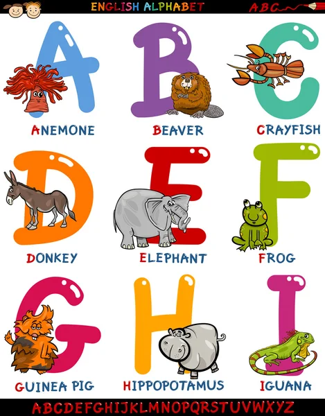 Alphabet anglais dessin animé avec des animaux — Image vectorielle