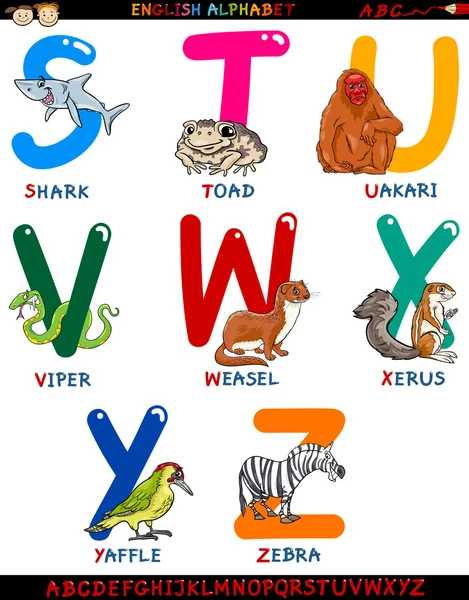 Alfabeto inglês dos desenhos animados com animais —  Vetores de Stock