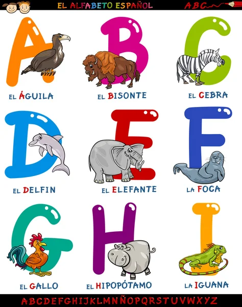 Cartoon spanish alphabet with animals — Stock Vector