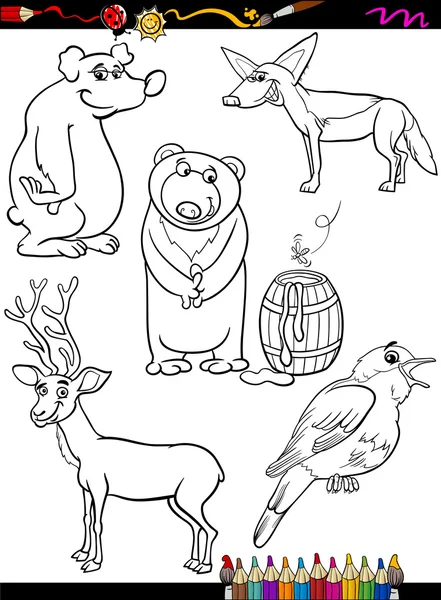 Animals set cartoon coloring page — Stock Vector