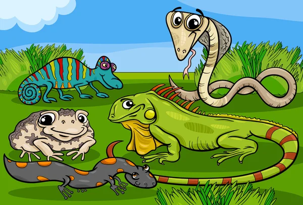 爬虫類と両生類のグループ漫画 — ストックベクタ