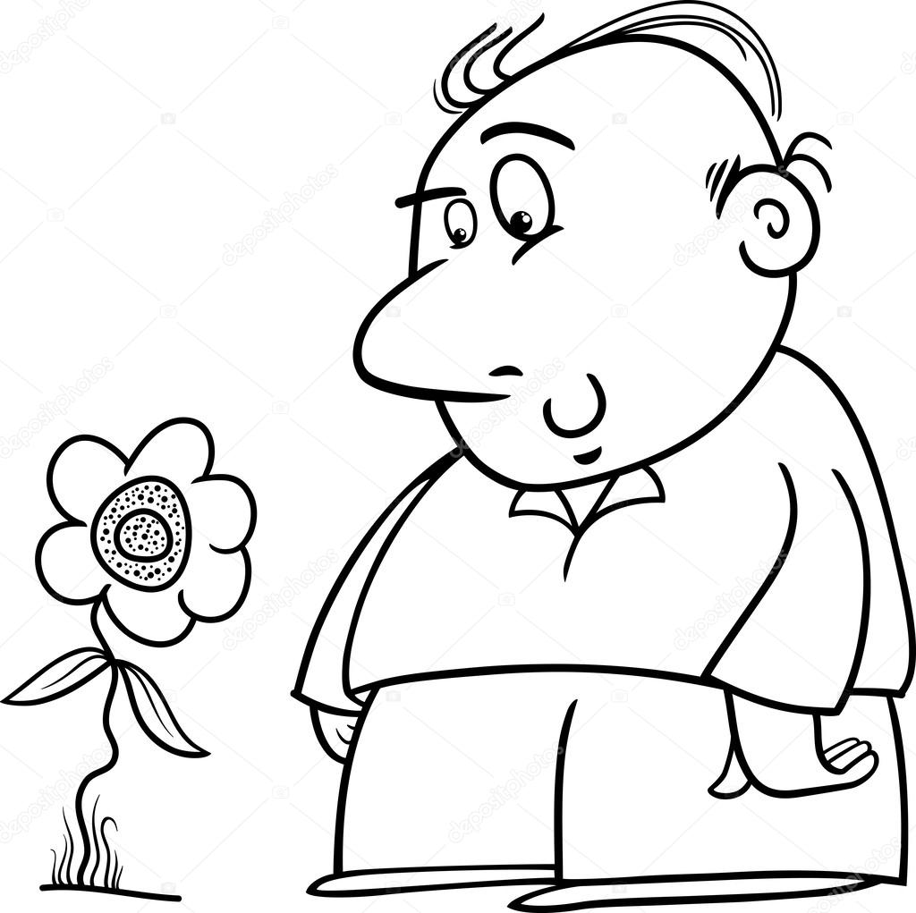 Ilustra§£o a preto e branco dos desenhos animados do personagem homem feliz girassol ou flor para colorir livro — Vettoriali di izakowski