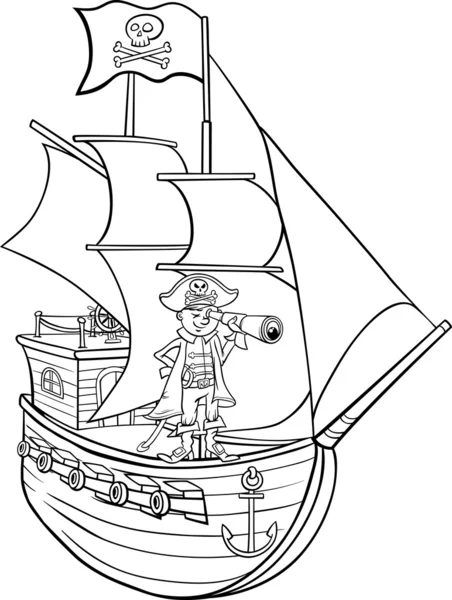 Pirata en la página de dibujos animados barco para colorear — Archivo Imágenes Vectoriales