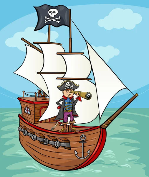 Pirata en ilustración de dibujos animados de buques — Vector de stock