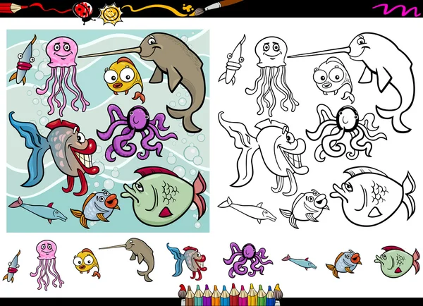Sea life cartoon coloring page set — Stock Vector