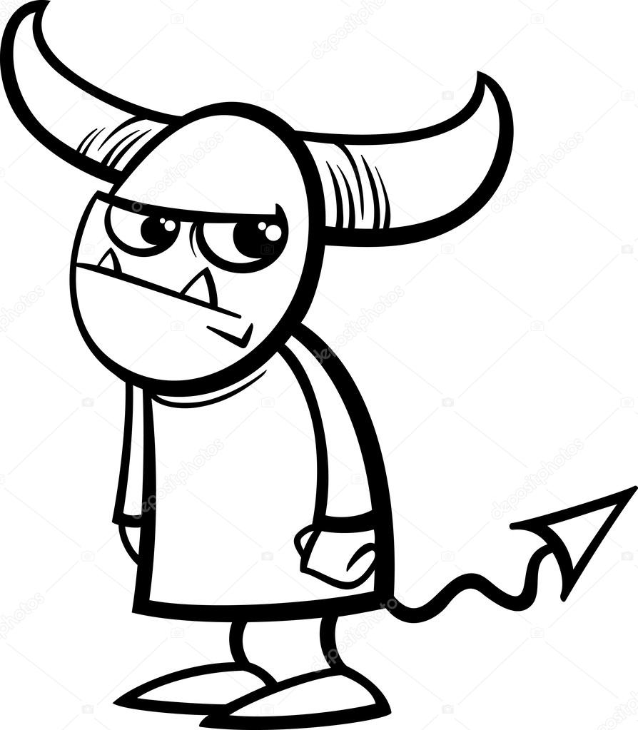 Illustrazione fumetto bianco e nero di buffo piccolo diavolo o demone per libro da colorare — Vettoriali di izakowski