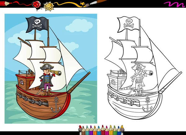 Pirat na statku kreskówka Kolorowanka — Wektor stockowy