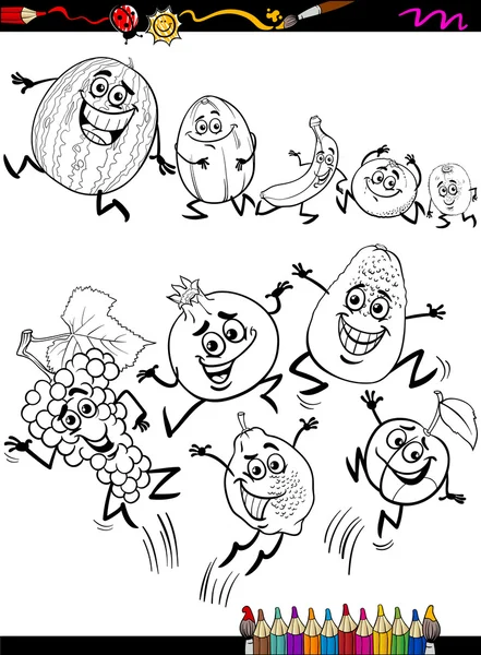 Halaman pewarna kartun set buah lucu - Stok Vektor