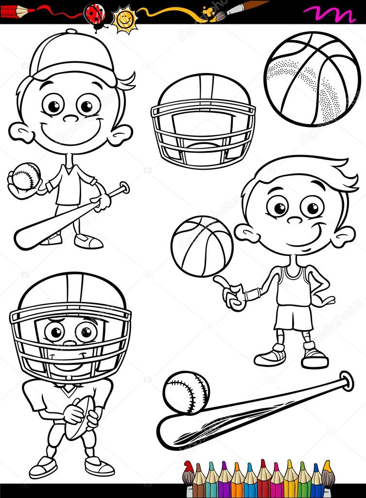 Sport boy set cartoon coloring page Stock Vector by ©izakowski